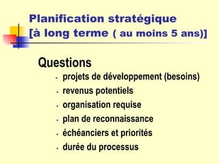 Planification stratégique [ à long terme   ( au moins 5 ans) ] Questions   - projets de développement (besoins)   - revenus potentiels   - organisation requise   - plan de reconnaissance   - échéanciers et priorités   - durée du processus 