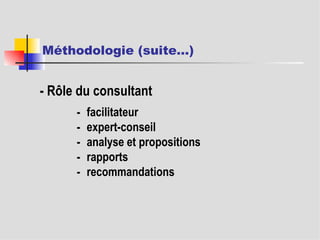 Méthodologie (suite…)   - facilitateur   - expert-conseil   - analyse et propositions   - rapports   - recommandations - Rôle du consultant 