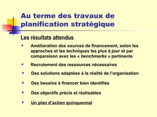 Au terme des travaux de  planification stratégique   Les résultats attendus Amélioration des sources de financement, selon les approches et les techniques les plus à jour et par comparaison avec les «  benchmarks »  pertinents Recrutement des ressources nécessaires Des solutions adaptées à la réalité de l’organisation Des besoins à financer bien identifiés Des objectifs précis et réalisables Un plan d’action quinquennal 
