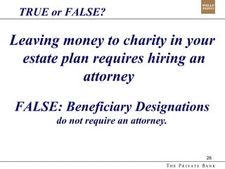Leaving money to charity in your  estate plan requires hiring an attorney  FALSE: Beneficiary Designations  do not require an attorney. TRUE or FALSE? 