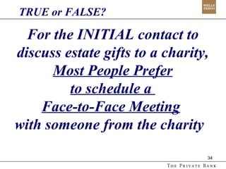 For the INITIAL contact to discuss estate gifts to a charity,  Most People Prefer to schedule a  Face-to-Face Meeting   with someone from the charity  TRUE or FALSE? 