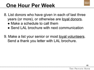 One Hour Per Week 8. List donors who have given in each of last three years (or more), or otherwise are  loyal donors . ●  Make a schedule to call them ●  Send LAL brochure with next communication 9. Make a list your senior or most  loyal volunteers . Send a thank you letter with LAL brochure. 
