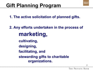 Gift Planning Program 1. The active solicitation of planned gifts. 2. Any efforts undertaken in the process of  marketing, cultivating,  designing,  facilitating, and  stewarding gifts to charitable  organizations.   
