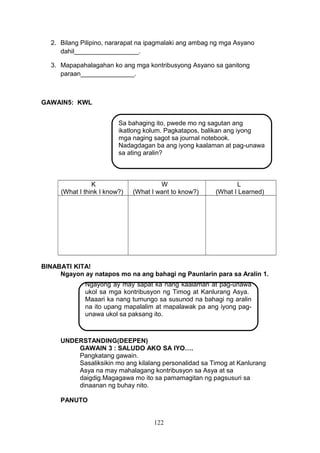 2. Bilang Pilipino, nararapat na ipagmalaki ang ambag ng mga Asyano
dahil__________________.
3. Mapapahalagahan ko ang mga kontribusyong Asyano sa ganitong
paraan_______________.

GAWAIN5: KWL
Sa bahaging ito, pwede mo ng sagutan ang
ikatlong kolum. Pagkatapos, balikan ang iyong
mga naging sagot sa journal notebook.
Nadagdagan ba ang iyong kaalaman at pag-unawa
sa ating aralin?

K
(What I think I know?)

W
(What I want to know?)

L
(What I Learned)

BINABATI KITA!
Ngayon ay natapos mo na ang bahagi ng Paunlarin para sa Aralin 1.
Ngayong ay may sapat ka nang kaalaman at pag-unawa
ukol sa mga kontribusyon ng Timog at Kanlurang Asya.
Maaari ka nang tumungo sa susunod na bahagi ng aralin
na ito upang mapalalim at mapalawak pa ang iyong pagunawa ukol sa paksang ito.

UNDERSTANDING(DEEPEN)
GAWAIN 3 : SALUDO AKO SA IYO….
Pangkatang gawain.
Sasaliksikin mo ang kilalang personalidad sa Timog at Kanlurang
Asya na may mahalagang kontribusyon sa Asya at sa
daigdig.Magagawa mo ito sa pamamagitan ng pagsusuri sa
dinaanan ng buhay nito.
PANUTO
122

 