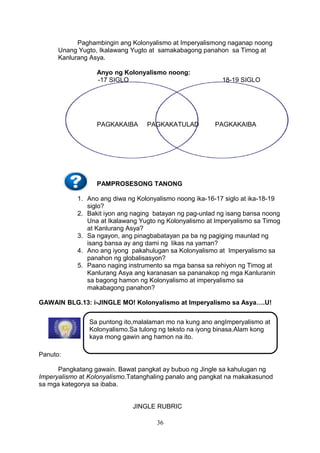 Paghambingin ang Kolonyalismo at Imperyalismong naganap noong
Unang Yugto, Ikalawang Yugto at samakabagong panahon sa Timog at
Kanlurang Asya.
Anyo ng Kolonyalismo noong:
-17 SIGLO

PAGKAKAIBA

PAGKAKATULAD

18-19 SIGLO

PAGKAKAIBA

PAMPROSESONG TANONG
1. Ano ang diwa ng Kolonyalismo noong ika-16-17 siglo at ika-18-19
siglo?
2. Bakit iyon ang naging batayan ng pag-unlad ng isang bansa noong
Una at Ikalawang Yugto ng Kolonyalismo at Imperyalismo sa Timog
at Kanlurang Asya?
3. Sa ngayon, ang pinagbabatayan pa ba ng pagiging maunlad ng
isang bansa ay ang dami ng likas na yaman?
4. Ano ang iyong pakahulugan sa Kolonyalismo at Imperyalismo sa
panahon ng globalisasyon?
5. Paano naging instrumento sa mga bansa sa rehiyon ng Timog at
Kanlurang Asya ang karanasan sa pananakop ng mga Kanluranin
sa bagong hamon ng Kolonyalismo at imperyalismo sa
makabagong panahon?
GAWAIN BLG.13: i-JINGLE MO! Kolonyalismo at Imperyalismo sa Asya….U!
Sa puntong ito,malalaman mo na kung ano angImperyalismo at
Kolonyalismo.Sa tulong ng teksto na iyong binasa.Alam kong
kaya mong gawin ang hamon na ito.
Panuto:
Pangkatang gawain. Bawat pangkat ay bubuo ng Jingle sa kahulugan ng
Imperyalismo at Kolonyalismo.Tatanghaling panalo ang pangkat na makakasunod
sa mga kategorya sa ibaba.
JINGLE RUBRIC
36

 