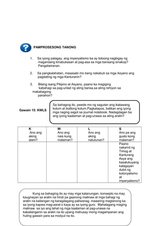 PAMPROSESONG TANONG
1.

Sa iyong palagay, ang imperyalismo ba ay totoong nagbigay ng
magandang kinabukasan at pag-asa sa mga bansang sinakop?
Pangatwiranan.

2.

Sa pangkalahatan, masasabi mo bang nakabuti sa mga Asyano ang
pagdating ng mga Kanluranin?

3.

Bilang isang Pilipino at Asyano, paano ka magiging
kabahagi sa pag-unlad ng ating bansa,sa ating rehiyon sa
makabagong
panahon?

Gawain 15: KWLS

K
Ano ang
aking
alam?

Sa bahaging ito, pwede mo ng sagutan ang ikalawang
kolum at ikatlong kolum.Pagkatapos, balikan ang iyong
mga naging sagot sa journal notebook. Nadagdagan ba
ang iyong kaalaman at pag-unawa sa ating aralin?

W
Ano ang
nais kung
malaman?

L
Ano ang
aking
natutunan?

S
Ano pa ang
gusto kong
malaman?
Paano
nakamit ng
Timog at
Kanlurang
Asya ang
kasalukuyang
kalagayan
dulot ng
kolonyalismo
at
imperyalismo?

Kung sa bahaging ito ay may mga katanungan, konsepto na may
kaugnayan sa aralin na hindi pa gaanong malinaw at mga bahagi ng
aralin na kailangan ng karagdagang paliwanag, maaaring magtanong ka
sa iyong kapwa mag-aaral o kaya ay sa iyong guro. Mahalagang maging
malinaw sa iyo ang lahat ng mga kaalaman at pag-unawa na
38
kakailanganin sa aralin na ito upang mahusay mong magampanan ang
huling gawain para sa modyul na ito.

 