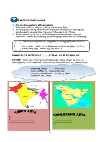 PAMPROSESONG TANONG:
1. Ano ang Kolonyalismo at Imperyalismo
2. Naranasan ba ito ng rehiyon ng Timog at Kanlurang Asya?
3. Ano ang pagkakaib ng pananakop sa Timog at Kanlurang Asya bagong ang
siglo hanggang sa pananakop noong ika-16 hanggang ika -20 siglo
4. Paano nakatulong sa Timog at Kanlurang Asya ang pananakop ng mga
Kanluranin? Paano ito nakatulong sa mismong mga Kanluranin na mananakop?
Sa susunod na gawain ay , magkakaroon ka ng pagbabalik tanaw sa
iyong pinag- aralan noong ikalawang markahan sa rehiyon ng Timog
at Kanlurang Asya. Sundin ang panuto sa p.
GAWAIN BLG.2: IMPERYO KO…………i-TAPAT MO SA REHIYON KO!*
PANUTO: Ihilera ang imperyo ayon kinabibilangan nitong rehiyon sa Asya at
pagkatapos ay bumuo ng dayad upang mapag-usapan at masuri ang naging sagot.
.
Imperyong Hittites
Indo-Aryan
ImperyongMaurya ImperyongPersian
Imperyong Macedonian
Imperyong Mogul
(Alexander The Great)

1._____________________
2._________ ____________
3._________ ____________

1._______________
2._______________
3._______________

9

 