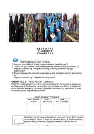 KEOMIYNAO
RILIHNOYE
DEUAKSONY

PAMPROSESONG MGA TANONG:
1. Ano ang mga paksang maaari nating makita sa bawat larawan?
2 . Batay sa mga larawan, ano-anong aspeto ng kasalukuyang pamumuhay ng
mga tao sa bansa ng Timog at Kanlurang Asya ang kakikitaan ng mga
pagbabago?
3. Paano nakaaapekto ang mga pagbabago sa ibat- ibang larangan ng pamumuhay
ng
mga tao sa bansa ng Timog at Kanlurang Asya?
GAWAIN BLG 2: ATING ALAMIN TECHNIQUE
PANUTO: Isulat sa ilalim ng unang kolum ang kaalaman mo tungkol sa kaugnayan
ng Edukasyon at Relihiyon sa pamumuhay ng mga Asyano sa Timog at Kanlurang
Asya ; Isulat sa ikalawang kolum ang mga paksa na nais mong pag-aralan: at isulat
sa ikatlong kolum ang inyong natutuhan.
ATING ALAMIN TECHNIQUE
ANG AKING
NAIS
MGA
ALAM
MALAMAN
NATUTUHAN

Marahil ay handa ka nang basahin at suriin ang Teksto Blg.1 tungkol
sa edukasyon mayroon ang mga bansa sa Timog at Kanlurang Asya.
Natitiyak kong mawiwili ka sa pagbabasa nito. Simulan mo na!
92

 