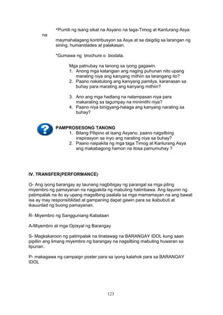 *Pumili ng isang sikat na Asyano na taga-Timog at Kanlurang Asya
na
maymahalagang kontribusyon sa Asya at sa daigdig sa larangan ng
sining, humanidades at palakasan.
*Gumawa ng brochure o biodata.
Mga patnubay na tanong sa iyong gagawin.
1. Anong mga katangian ang naging puhunan nito upang
marating niya ang kanyang mithiin sa larangang ito?
2. Paano nakatulong ang kaniyang pamilya, karanasan sa
buhay para marating ang kanyang mithiin?
3. Ano ang mga hadlang na nalampasan niya para
makarating sa tagumpay na minimithi niya?
4. Paano niya binigyang-halaga ang kanyang narating sa
buhay?
PAMPROSESONG TANONG
1. Bilang Pilipino at isang Asyano, paano nagsilbing
inspirasyon sa inyo ang narating niya sa buhay?
2. Paano naipakita ng mga taga Timog at Kanlurang Asya
ang makabagong hamon na itosa pamumuhay ?
IV. TRANSFER(PERFORMANCE)
G- Ang iyong barangay ay taunang nagbibigay ng parangal sa mga piling
miyembro ng pamayanan na nagpakita ng mabuting halimbawa. Ang layunin ng
patimpalak na ito ay upang magsilbing paalala sa mga mamamayan na ang bawat
isa ay may responsiblidad at gampaning dapat gawin para sa ikabubuti at
ikauunlad ng buong pamayanan.
R- Miyembro ng Sangguniang Kabataan
A-Miyembro at mga Opisyal ng Barangay
S- Magkakaroon ng patimpalak na tinatawag na BARANGAY IDOL kung saan
pipiliin ang limang miyembro ng barangay na nagsilbing mabuting huwaran sa
lipunan.
P- makagawa ng campaign poster para sa iyong kalahok para sa BARANGAY
IDOL
123
 