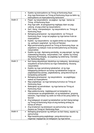 • Epekto ng kolonyalismo sa Timog at Kanlurang Asya
• Ang mga Karanasan sa Timog at Kanlurang Asya sa ilalim ng
kolonyalismo at imperyalismong kanluranin
Aralin 2 • Papel ng nasyonalismo sa pagbuo ng mga bansa sa
Timog at Kanlurang Asya
• Ang mga salik at pangyayaring nagbigay daan sa pag-
usbong at pag-unlad ng nasyonalismo
• Iba’t ibang manipestasyon ng nasyonalismo sa Timog at
Kanlurang Asya
• Bahaging ginampanan ng nasyonalismo sa Timog at
Kanlurang Asya tungo sa paglaya ng mga bansa mula sa
imperyalismo
• Epekto ng nasyonalismo sa sigalot etniko sa Asya katulad
ng partisyon/ paghahati ng India at Pakistan
• Mga pamamaraang ginamit sa Timog at Kanlurang Asya sa
pagtatamo ng kalayan mula sa kolonyalismong sa kilusang
nasyonalista
• Epekto ng mga digmaang pandaidig sa pag-aangat ng mga
malawakang kilusang nasyonalista ( hal: epekto ng Unang
Digmaang Pandaigdig sa pagtatag ng sistemang mandato
sa Kanlurang Asya)
Aralin 3 • Iba’t ibang ideyolohiya( ideolohiya ng malayang demokrasya,
sosyalismo at komunismo) sa mga malawakang kilusang
nasyonalista
• Epekto ng mga samahang kababaihan at ng mga
kalagayang panlipunn sa buhay ng kababaihan tungo sa
pagkakapantay-pantay, pagkakataong pang-ekonomiya at
karapatang pampulitik
• Bahaging ginampanan ng nasyonalismo sa pagbibigay
wakas sa imperyalismo
• Mga pagbabago sa mga bansang bumubuo sa Timog at
Kanlurang Asya
• Balangkas ng pamahalaan ng mga bansa sa Timog at
Kanlurang Asya
• Mga palatuntunang nagtataguyod sa karapatan ng
mamamayan sa pangkalahatan, at ng kababaihan, grupong
katutubo, mga kasapi ng caste sa India at iba pang sektor ng
lipunan
• Ang kalagayan at papel ng kababaihan sa iba’t ibang bahagi
ng Timog at Kanlurang Asya at ang kanilang ambag sa
bansa at rehiyon
• Ang kinalaman ng edukasyon sa pamumuhay ng mga
Asyano sa Timog at Kanlurang Asya
Aralin 4 • Bahaging ginampanan ng relihiyon sa iba’t ibang aspeto ng
pamumuhay
• Mga kasalukuyang pagbabago pang-ekonomiya na
naganap/ nagaganap sa kalagayan ng mga bansa
2
 