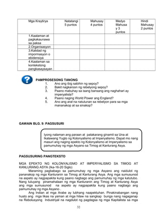 Mga Kraytirya Natatangi
5 puntos
Mahusay
4 puntos
Medyo
Mahusa
y 3
puntos
Hindi
Mahusay
2 puntos
1.Kaalaman at
pagkakaunawa
sa paksa
2.Organisasyon
3.Kalidad ng
impormasyon o
ebidensiya
4.Kaalaman sa
kontekstong
pangkasaysayan
PAM PAMPROSESONG TANONG
1. Ano ang ibig sabihin ng sepoy?
2. Bakit nagkaroon ng rebelyong sepoy?
3. Paano mabuhay sa isang bansang ang naghahari ay
imperyalista?
4. Paano naging World Power ang England?
5. Ano ang aral na natutunan sa rebelyon para sa mga
mananakop at sa sinakop?
GAWAIN BLG. 9: PAGSUSURI
PAGSUSURING PANGTEKSTO
MGA EPEKTO NG KOLONYALISMO AT IMPERYALISMO SA TIMOG AT
KANLURANG ASYA (Ika-16-20 Siglo)
Maraming pagbabago sa pamumuhay ng mga Asyano ang naidulot ng
pananakop ng mga Kanluranin sa Timog at Kanlurang Asya. Ang mga sumusunod
na aspeto ay nagpapakita kung paano nagbago ang pamumuhay ng mga katutubo.
Nang tuluyang pinamahalaan ng mga Kanluranin ang Timog at Kanlurang Asya
ang mga sumusunod na aspeto ay nagpapakita kung paano nagbago ang
pamumuhay ng mga Asyano .
Ang Indian at mga Arabe ay lubhang naapektuhan. Pinakinabangan nang
husto ang mga likas na yaman at mga hilaw na sangkap bunga nang nagaganap
na Rebolusyong Industriyal na nagdulot ng pagdagsa ng mga Kapitalista sa mga
32
Iyong nalaman ang paraan at patakarang ginamit sa Una at
Ikalawang Yugto ng Kolonyalismo at Imperyalismo. Dapat mo nang
masuri ang naging epekto ng Kolonyalismo at Imperyalismo sa
pamumuhay ng mga Asyano sa Timog at Kanlurang Asya.
 