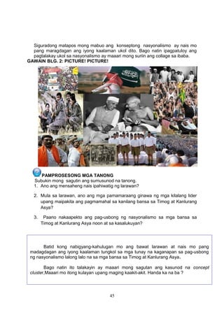Siguradong matapos mong mabuo ang konseptong nasyonalismo ay nais mo
pang maragdagan ang iyong kaalaman ukol dito. Bago natin ipagpatuloy ang
pagtalakay ukol sa nasyonalismo ay maaari mong suriin ang collage sa ibaba.
GAWAIN BLG. 2: PICTURE! PICTURE!
PAMPROSESONG MGA TANONG
Subukin mong sagutin ang sumusunod na tanong.
1. Ano ang mensaheng nais ipahiwatig ng larawan?
2. Mula sa larawan, ano ang mga pamamaraang ginawa ng mga kilalang lider
upang maipakita ang pagmamahal sa kanilang bansa sa Timog at Kanlurang
Asya?
3. Paano nakaapekto ang pag-usbong ng nasyonalismo sa mga bansa sa
Timog at Kanlurang Asya noon at sa kasalukuyan?
45
Batid kong nabigyang-kahulugan mo ang bawat larawan at nais mo pang
madagdagan ang iyong kaalaman tungkol sa mga tunay na kaganapan sa pag-usbong
ng nasyonalismo lalong lalo na sa mga bansa sa Timog at Kanlurang Asya.
Bago natin ito talakayin ay maaari mong sagutan ang kasunod na concept
cluster,Maaari mo itong kulayan upang maging kaakit-akit. Handa ka na ba ?
 