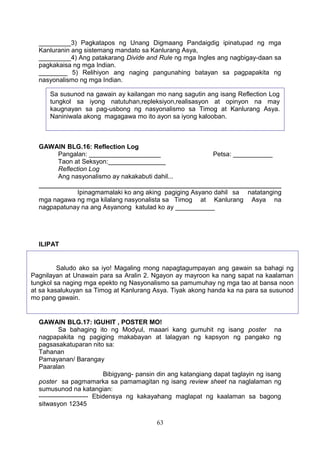 _________3) Pagkatapos ng Unang Digmaang Pandaigdig ipinatupad ng mga
Kanluranin ang sistemang mandato sa Kanlurang Asya,
_________4) Ang patakarang Divide and Rule ng mga Ingles ang nagbigay-daan sa
pagkakaisa ng mga Indian.
________ 5) Relihiyon ang naging pangunahing batayan sa pagpapakita ng
nasyonalismo ng mga Indian.
GAWAIN BLG.16: Reflection Log
Pangalan: ____________________ Petsa: ___________
Taon at Seksyon:________________
Reflection Log
Ang nasyonalismo ay nakakabuti dahil...
Ipinagmamalaki ko ang aking pagiging Asyano dahil sa natatanging
mga nagawa ng mga kilalang nasyonalista sa Timog at Kanlurang Asya na
nagpapatunay na ang Asyanong katulad ko ay ___________
ILIPAT
GAWAIN BLG.17: IGUHIT , POSTER MO!
Sa bahaging ito ng Modyul, maaari kang gumuhit ng isang poster na
nagpapakita ng pagiging makabayan at lalagyan ng kapsyon ng pangako ng
pagsasakatuparan nito sa:
Tahanan
Pamayanan/ Barangay
Paaralan
Bibigyang- pansin din ang katangiang dapat taglayin ng isang
poster sa pagmamarka sa pamamagitan ng isang review sheet na naglalaman ng
sumusunod na katangian:
----------------------- Ebidensya ng kakayahang maglapat ng kaalaman sa bagong
sitwasyon 12345
63
Sa susunod na gawain ay kailangan mo nang sagutin ang isang Reflection Log
tungkol sa iyong natutuhan,repleksiyon,realisasyon at opinyon na may
kaugnayan sa pag-usbong ng nasyonalismo sa Timog at Kanlurang Asya.
Naniniwala akong magagawa mo ito ayon sa iyong kalooban.
Saludo ako sa iyo! Magaling mong napagtagumpayan ang gawain sa bahagi ng
Pagnilayan at Unawain para sa Aralin 2. Ngayon ay mayroon ka nang sapat na kaalaman
tungkol sa naging mga epekto ng Nasyonalismo sa pamumuhay ng mga tao at bansa noon
at sa kasalukuyan sa Timog at Kanlurang Asya. Tiyak akong handa ka na para sa susunod
mo pang gawain.
 
