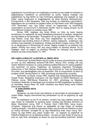 pagkakaroon ng konstitusyon na magbibigay sa kanila ng mas malaki at malawak na
pagkakataong makalahok sa pamamahala sa bansa. Naging mabagal ang
pagkakaloob ng mga British sa mga hinihinging pagbabago ang nagtulak sa mga
Indian upang maglunsad at magpalaganap ng isang kilusang rebolusyonaryo.
Pinangunahan ni Bal Gangadhar Tilak ang tinawag na militanteng nasyonalismo.
Nagsagawa sila ng marahas na pagkilos laban sa mga British mula 1905 hanggang
1914. Samantala, may mga Indian naman na nagpamalas ng moderatong
nasyonalismo sa pamumuno ni Mohandas Gandhi. Siya ay naging pangulo ng All
India National Congress na naitatag noong 1885.
Noong 1935, nagbigay ang Great Britain sa India ng isang bagong
konstitusyon na nagkaloob ng isang lehislatibong bikameral at pederal, sanggunian
ng mga estado at ng kapulungan. Tinanggihan ito ng mga Indian at Muslim. Para sa
mga Muslim, kung mga Hindu ang mas magkakaroon ng control sa India,
mapipinsala ang kanilang kultura at relihiyon. Upang mabigyang - proteksiyon ang
kanilang mga karapatan at kapakanan, itinatag ang Muslim League noong 1906. Ito
ay sa pangunguna ni Muhammad Ali Jinnah. Naging masigla ito sa kanilang mga
gawain. Hiniling niya noong 1947 ang isang hiwalay na bansang Muslim. Ito ay
nagbigay- daan sa pagbuo ng bansang Pakistan na naihayag ang kasarinlan
kasabay ng India noong Agosto 14, 1947.
SRI LANKA at MALILIIT na ESTADO sa TIMOG ASYA
Pinamunuan ng Great Britain ang Sri-Lanka at buong sub-kontinente ng India
sa loob ng isa’t kalahating dantaon(1796-1947). Noong 1915, itinatag nila ang
Ceylon National Congress na unang partidong pulitikal.Namuno ito upang ipaglaban
ang kasarinlan ng bansa. Pagkaraan ng Ikalawang Digmaang Pandaigdig,
pinamunuan ni Don Stephen Senanayake, ang itinuturing na “Ama ng Kasarinlang
Sri-Lanka, ang pakikipaglaban para sa kasarinlan. Sila ay sinuportahan ng lahat ng
pangkat- etniko. Noong Pebrero 4, 1948, ipinahayag ang kasarinlan ng bansa.
Samantala, sa Nepal, noong 1990, naganap ang mapayapang Rebolusyong
People Power. Nagsilbing inspirasyon nila ang katulad na EDSA Rebolusyon sa
Pilipinas noong 1986.Noong Disyembre 24, 2007, ipinahayag ng Nepalese
Constituent Assembly na lalansagin ang monarkiya sa 2008 pagkatapos ng eleksyon
sa Asemblea. Noong Mayo 28, 2008, idineklara ang Nepal bilang isang Federal
Democratic Republic.
B. KANLURANG ASYA
ISRAEL
Natagpuan ng mga Hudyo ang kalayaan at oportunidad sa pamamagitan ng
United States. Naging instrumental ang pamahalaan ng US sa pagtulong sa mga
Hudyo.
Sa pagtatapos ng ika-19 na dantaon, sumibol ang mga pagkilos upang ang
mga Hudyo ay makabalik sa kanilang lupain. Itinatag ang Kilusang Zionismo sa
Basel, Switzerland noong 1897 ni Theodor Herzl (1860-1904), isang Austro-
Hungarian. Nagsimula ang kilusan sa pagbabalik ng mga Hudyo sa kanilang
“lupaing pangako.” Libo-libong migranteng Hudyo ang pumunta sa Palestine at doon
ay muling nanirahan. Ikinagalit ito ng mga Palestiniang Arab. Kaya noong 1921,
inayos ng mga British ang usapin tungkol dito na nagdulot ng paghahati sa
Palestine.Nagkaroon ito ng dalawang estado – isa para sa mga Hudyo at ang isa ay
para sa mga Arab. Ipinangako sa bawat isa ang kani-kanilang kasarinlan. Subalit
67
 
