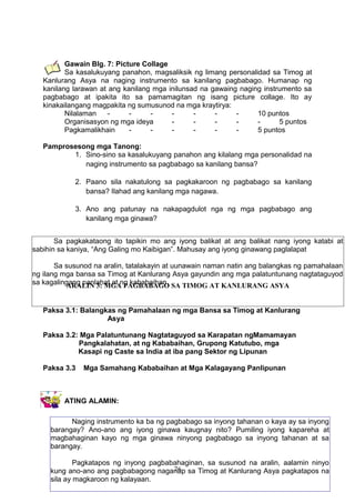 Gawain Blg. 7: Picture Collage
Sa kasalukuyang panahon, magsaliksik ng limang personalidad sa Timog at
Kanlurang Asya na naging instrumento sa kanilang pagbabago. Humanap ng
kanilang larawan at ang kanilang mga inilunsad na gawaing naging instrumento sa
pagbabago at ipakita ito sa pamamagitan ng isang picture collage. Ito ay
kinakailangang magpakita ng sumusunod na mga kraytirya:
Nilalaman - - - - - - - 10 puntos
Organisasyon ng mga ideya - - - - - 5 puntos
Pagkamalikhain - - - - - - 5 puntos
Pamprosesong mga Tanong:
1. Sino-sino sa kasalukuyang panahon ang kilalang mga personalidad na
naging instrumento sa pagbabago sa kanilang bansa?
2. Paano sila nakatulong sa pagkakaroon ng pagbabago sa kanilang
bansa? Ilahad ang kanilang mga nagawa.
3. Ano ang patunay na nakapagdulot nga ng mga pagbabago ang
kanilang mga ginawa?
ARALIN 3: MGA PAGBABAGO SA TIMOG AT KANLURANG ASYA
Paksa 3.1: Balangkas ng Pamahalaan ng mga Bansa sa Timog at Kanlurang
Asya
Paksa 3.2: Mga Palatuntunang Nagtataguyod sa Karapatan ngMamamayan
Pangkalahatan, at ng Kababaihan, Grupong Katutubo, mga
Kasapi ng Caste sa India at iba pang Sektor ng Lipunan
Paksa 3.3 Mga Samahang Kababaihan at Mga Kalagayang Panlipunan
ATING ALAMIN:
76
Sa pagkakataong ito tapikin mo ang iyong balikat at ang balikat nang iyong katabi at
sabihin sa kaniya, “Ang Galing mo Kaibigan”. Mahusay ang iyong ginawang paglalapat
Sa susunod na aralin, tatalakayin at uunawain naman natin ang balangkas ng pamahalaan
ng ilang mga bansa sa Timog at Kanlurang Asya gayundin ang mga palatuntunang nagtataguyod
sa kagalingang panlahat at ng kababaihan.
Naging instrumento ka ba ng pagbabago sa inyong tahanan o kaya ay sa inyong
barangay? Ano-ano ang iyong ginawa kaugnay nito? Pumiling iyong kapareha at
magbahaginan kayo ng mga ginawa ninyong pagbabago sa inyong tahanan at sa
barangay.
Pagkatapos ng inyong pagbabahaginan, sa susunod na aralin, aalamin ninyo
kung ano-ano ang pagbabagong naganap sa Timog at Kanlurang Asya pagkatapos na
sila ay magkaroon ng kalayaan.
 