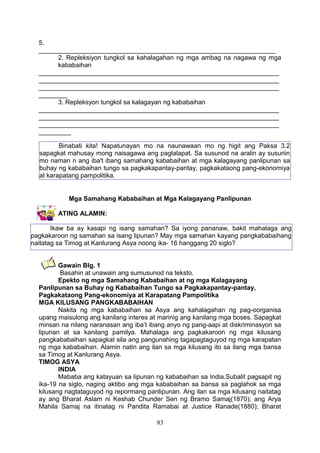 5.
__________________________________________________________________
2. Repleksiyon tungkol sa kahalagahan ng mga ambag na nagawa ng mga
kababaihan
___________________________________________________________________
___________________________________________________________________
___________________________________________________________________
________
3. Repleksyon tungkol sa kalagayan ng kababaihan
___________________________________________________________________
___________________________________________________________________
___________________________________________________________________
_________
Mga Samahang Kababaihan at Mga Kalagayang Panlipunan
ATING ALAMIN:
Gawain Blg. 1
Basahin at unawain ang sumusunod na teksto.
Epekto ng mga Samahang Kababaihan at ng mga Kalagayang
Panlipunan sa Buhay ng Kababaihan Tungo sa Pagkakapantay-pantay,
Pagkakataong Pang-ekonomiya at Karapatang Pampolitika
MGA KILUSANG PANGKABABAIHAN
Nakita ng mga kababaihan sa Asya ang kahalagahan ng pag-oorganisa
upang maisulong ang kanilang interes at marinig ang kanilang mga boses. Sapagkat
minsan na nilang naranasan ang iba’t ibang anyo ng pang-aapi at diskriminasyon sa
lipunan at sa kanilang pamilya. Mahalaga ang pagkakaroon ng mga kilusang
pangkababaihan sapagkat sila ang pangunahing tagapagtaguyod ng mga karapatan
ng mga kababaihan. Alamin natin ang ilan sa mga kilusang ito sa ilang mga bansa
sa Timog at Kanlurang Asya.
TIMOG ASYA
INDIA
Mababa ang katayuan sa lipunan ng kababaihan sa India.Subalit pagsapit ng
ika-19 na siglo, naging aktibo ang mga kababaihan sa bansa sa paglahok sa mga
kilusang nagtataguyod ng repormang panlipunan. Ang ilan sa mga kilusang naitatag
ay ang Bharat Aslam ni Keshab Chunder Sen ng Bramo Samaj(1870); ang Arya
Mahila Samaj na itinatag ni Pandita Ramabai at Justice Ranade(1880); Bharat
83
Binabati kita! Napatunayan mo na naunawaan mo ng higit ang Paksa 3.2
sapagkat mahusay mong naisagawa ang paglalapat. Sa susunod na aralin ay susuriin
mo naman n ang iba't ibang samahang kababaihan at mga kalagayang panlipunan sa
buhay ng kababaihan tungo sa pagkakapantay-pantay, pagkakataong pang-ekonomiya
at karapatang pampolitika.
Ikaw ba ay kasapi ng isang samahan? Sa iyong pananaw, bakit mahalaga ang
pagkakaroon ng samahan sa isang lipunan? May mga samahan kayang pangkababaihang
naitatag sa Timog at Kanlurang Asya noong ika- 16 hanggang 20 siglo?
 