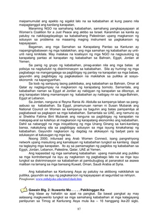 maipamumulat ang epekto ng sigalot lalo na sa kababaihan at kung paano nila
maipagtanggol ang kanilang karapatan.
Maraming NGO na samahang kababaihan, samahang pangkapayapaan at
Women’s Coalition for a Just Peace ang aktibo sa Israel. Karamihan sa kanila ay
patuloy na nakikipagdayalogo sa kababaihang Palestinian upang magkaroon ng
solusyon sa problema na maaaring maging instrument sa pagkakaroon ng
kapayapaan.
Bagaman, ang mga Samahan sa Karapatang Pantao sa Kanluran ay
napangingibabawan ng mga kalalakihan, ang mga samahan ng kababaihan ay unti-
unti nang kinikilala. May malakas na koalisyon ng mga NGO na nagsusulong ng
karapatang pantao at karapatan ng kababaihan sa Bahrain, Egypt, Jordan at
Yemen.
Sa panig ng grupo ng kababaihan, pinag-aralan nila ang mga batas at
polisiya na nagdudulot ng diskriminasyon sa kababaihan. Sila ay humingi ng mga
pagbabago na mangangalaga sa pagbibigay ng pantay na karapatan sa mga babae,
gayundin ang pagbibigay ng pagkakataon na makilahok sa pulitika at sosyo-
ekonomik na kapangyarihan.
Sa loob ng sampung taong pakikibaka, ang kababaihan sa Bahrain, Omar at
Qatar ay nagtagumpay na magkaroon ng karapatang bomoto. Samantala, ang
kababaihan naman sa Egypt at Jordan ay nabigyan ng karapatan sa diborsyo, at
ang karapatan bilang mamamayan ng kababaihan ay naibigay rin sa taga-Bahrain,
Egypt at Lebanon.
Sa Jordan, nanguna si Reyna Rania Al- Abdulla sa kampanya laban sa pang-
aabuso sa kababaihan. Sa Egypt, pinamunuan naman ni Susan Mubarak ang
National Council on Women sa kampanya na baguhin ang batas pampamilya at
pagbabawal sa pagkapon sa mga kababaihan. Samantala sa UAE, ang namuno ay
si Sheikha Fatima Bint Mubarak ang nanguna sa pagbibigay ng karapatan na
makapag-aral sa kolehiyo at magkaroon ng karapatang ekonomiko ang kababaihan.
Dahil sa nabanggit na mga inisyatibong ng mga Unang Ginang sa kani-kanilang
bansa, nakatulong sila sa pagbibigay solusyon sa mga isyung kinakaharap ng
kababaihan. Gayundin nagkaroon ng dagdag na alokasyon ng badyet para sa
edukasyon at kalusugan ng mga tao.
Noong 2000, inilunsad ang Arab Women Connect, isang pangrehiyong
network upang maisulong ang kamalayan ng kababaihan tungkol sa kanilang dapat
na taglaying mga karapatan. Ito ay sa pamamagitan ng pagkilos ng kababaihan sa
Egypt, Jordan, Lebanon, Palestine, Qatar, UAE at Yemen.
Ang kapasidad ng mga samahang kababaihan upang maimulat ang publiko
sa mga kontrobersyal na isyu ay nagkaroon ng pagbabago lalo na sa mga isyu
tungkol sa diskriminasyon sa kababaihan at pambubugbog at pananakot sa asawa
maliban na lamang sa mga bansang Kuwait, Oman, Saudi Arabia at Syria.
Ang kababaihan sa Kanlurang Asya ay patuloy na aktibong nakikilahok sa
pulitika, gayundin sa isyu ng pagkakaroon ng kapayapaan at seguridad sa rehiyon.
Pinagkunan: www.mthdyoke.edu/intrel/dash.htm
Gawain Blg. 2: Ikuwento Mo . . . . . Pakikinggan Ko
Ang klase ay hahatiin sa apat na pangkat. Sa bawat pangkat ay may
aatasang magkuwento tungkol sa mga samahang kababaihan at mga kalagayang
panlipunan sa Timog at Kanlurang Asya mula ika – 16 hanggang ika-20 siglo.
87
 