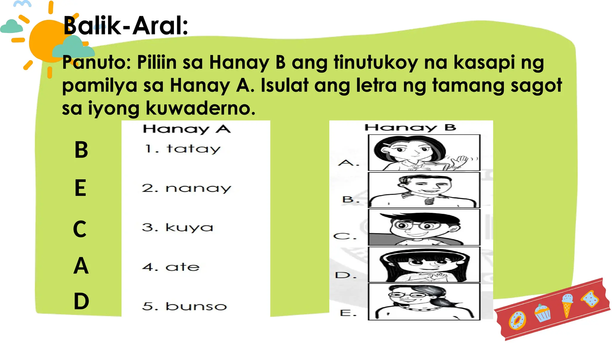Panuto: Piliin sa Hanay B ang tinutukoy na kasapi ng
pamilya sa Hanay A. Isulat ang letra ng tamang sagot
sa iyong kuwaderno.
Balik-Aral:
B
E
C
A
D
 