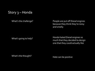 Story 3 – Honda What’s the challenge?  What’s going to help? What’s the thought? People are put off Diesel engines because they think they’re noisy and smelly Honda hated Diesel engines so much that they decided to design one that they could actually like Hate can be positive 