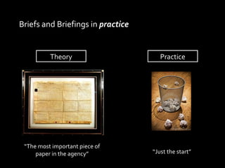 Briefs and Briefings in  practice Theory Practice “ The most important piece of paper in the agency” “ Just the start” 