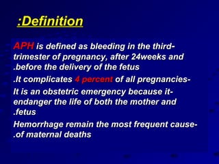 :Definition
APH is defined as bleeding in the third-
trimester of pregnancy, after 24weeks and
.before the delivery of the fetus
.It complicates 4 percent of all pregnancies-
It is an obstetric emergency because it-
endanger the life of both the mother and
.fetus
Hemorrhage remain the most frequent cause-
.of maternal deaths
 
