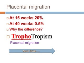 Placental migration
 At 16 weeks 20%
 At 40 weeks 0.5%
 Why the difference?
 TrophoTropism
Placental migration
 