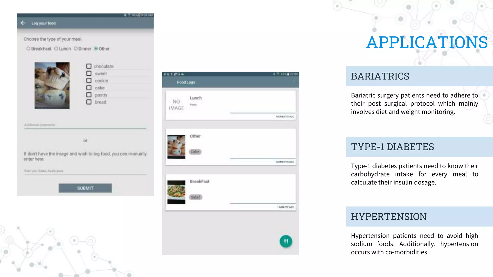 BARIATRICS
TYPE-1 DIABETES
Bariatric surgery patients need to adhere to
their post surgical protocol which mainly
involves diet and weight monitoring.
Type-1 diabetes patients need to know their
carbohydrate intake for every meal to
calculate their insulin dosage.
HYPERTENSION
Hypertension patients need to avoid high
sodium foods. Additionally, hypertension
occurs with co-morbidities
APPLICATIONS
 