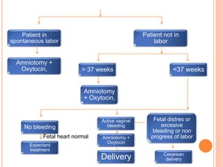 Patient in
spontaneous labor
Patient not in
labor
Amniotomy +
Oxytocin, <37 weeks
> 37 weeks
Amniotomy
+ Oxytocin,
Expectant
treatment
No bleeding
Fetal heart normal
Active vaginal
bleeding
Amniotomy +
Oxytocin
Delivery Cesarean
delivery
Fetal distres or
excesive
bleeding or non
progress of labor
 