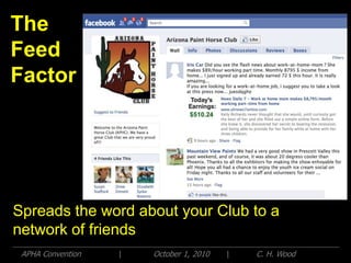 The
Feed
Factor




Spreads the word about your Club to a
network of friends
 APHA Convention   |   October 1, 2010   |   C. H. Wood
 