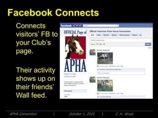 Facebook Connects
   Connects
   visitors’ FB to
   your Club’s
   page.

   Their activity
   shows up on
   their friends’
   Wall feed.

APHA Convention   |   October 1, 2010   |   C. H. Wood
 