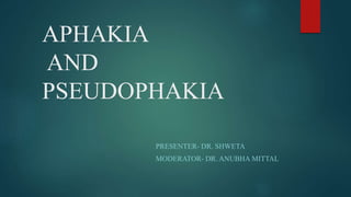 APHAKIA
AND
PSEUDOPHAKIA
PRESENTER- DR. SHWETA
MODERATOR- DR. ANUBHA MITTAL
 