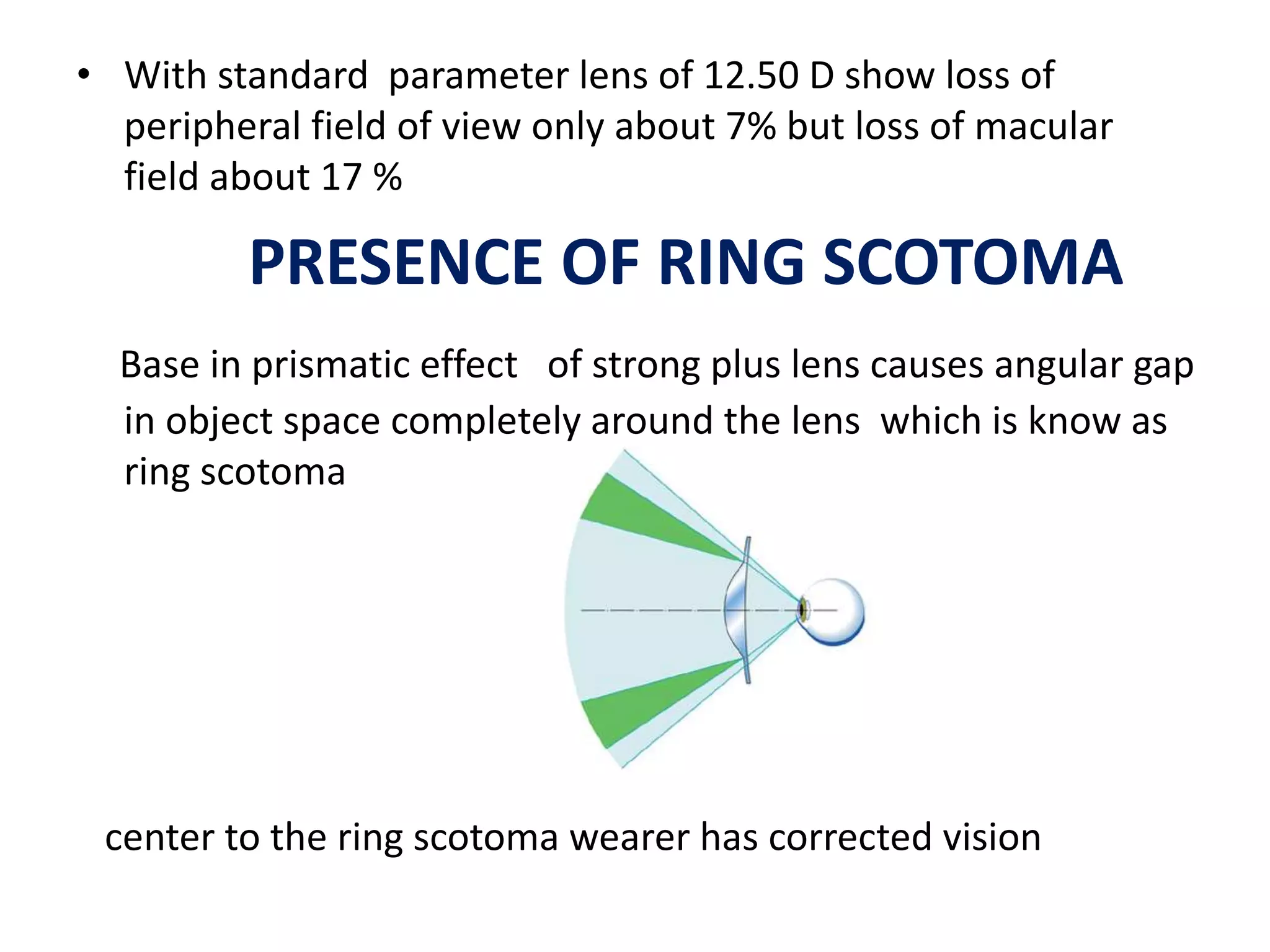 • With standard parameter lens of 12.50 D show loss of
peripheral field of view only about 7% but loss of macular
field about 17 %
PRESENCE OF RING SCOTOMA
Base in prismatic effect of strong plus lens causes angular gap
in object space completely around the lens which is know as
ring scotoma
center to the ring scotoma wearer has corrected vision
 