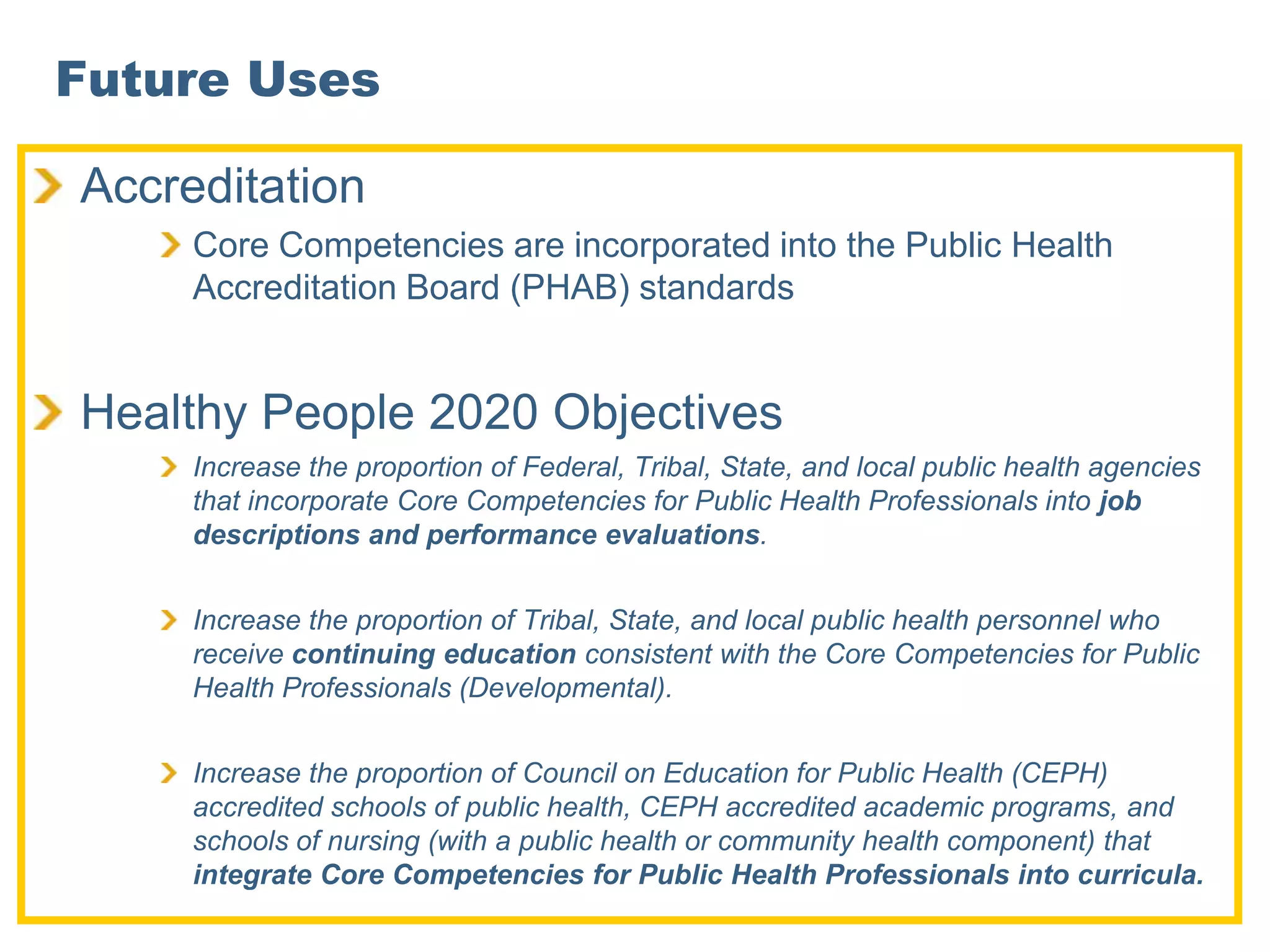 Future Uses

Accreditation
     Core Competencies are incorporated into the Public Health
     Accreditation Board (PHAB) standards


Healthy People 2020 Objectives
     Increase the proportion of Federal, Tribal, State, and local public health agencies
     that incorporate Core Competencies for Public Health Professionals into job
     descriptions and performance evaluations.


     Increase the proportion of Tribal, State, and local public health personnel who
     receive continuing education consistent with the Core Competencies for Public
     Health Professionals (Developmental).


     Increase the proportion of Council on Education for Public Health (CEPH)
     accredited schools of public health, CEPH accredited academic programs, and
     schools of nursing (with a public health or community health component) that
     integrate Core Competencies for Public Health Professionals into curricula.
 