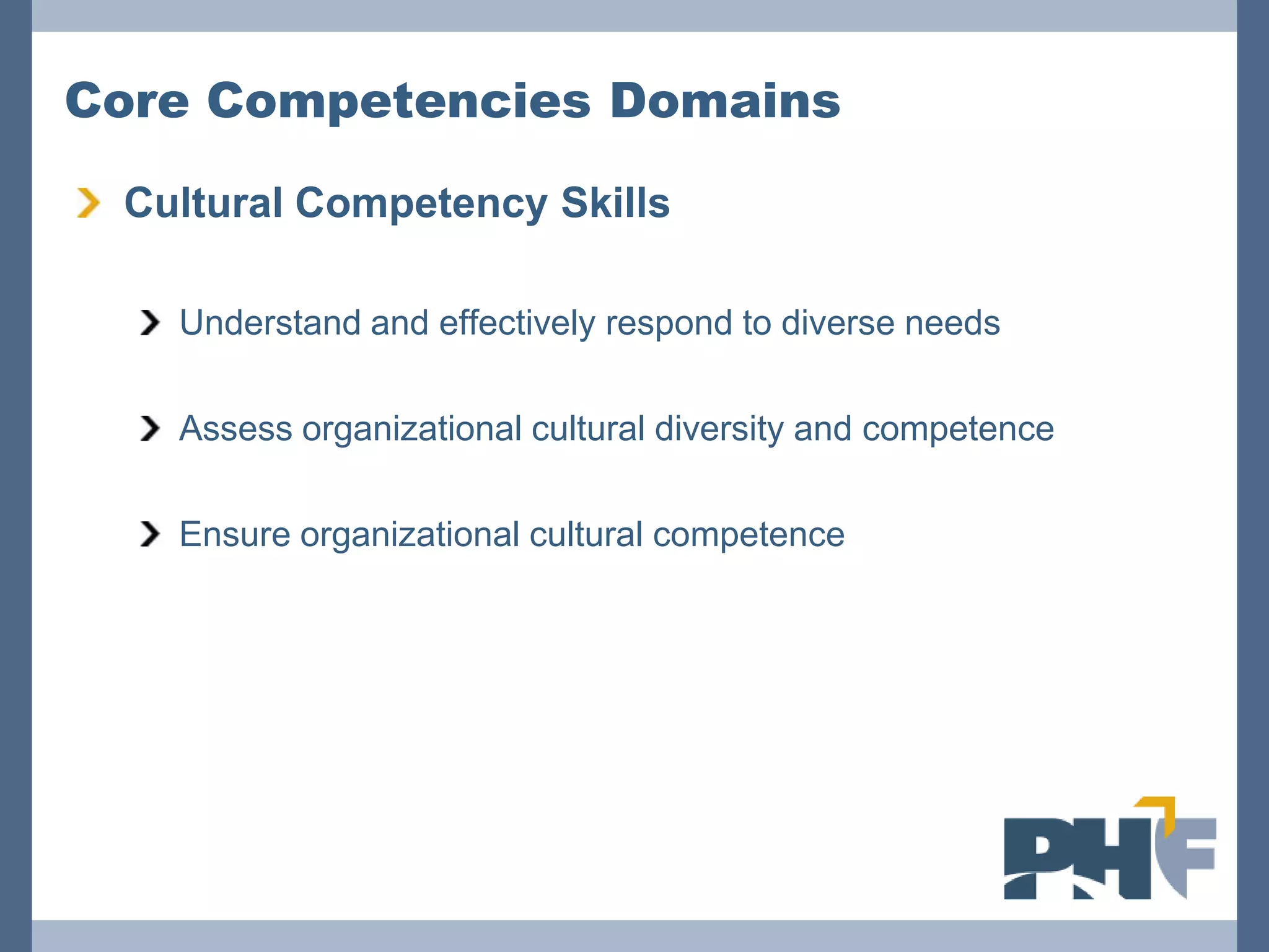 Core Competencies Domains

 Cultural Competency Skills

   Understand and effectively respond to diverse needs

   Assess organizational cultural diversity and competence

   Ensure organizational cultural competence
 