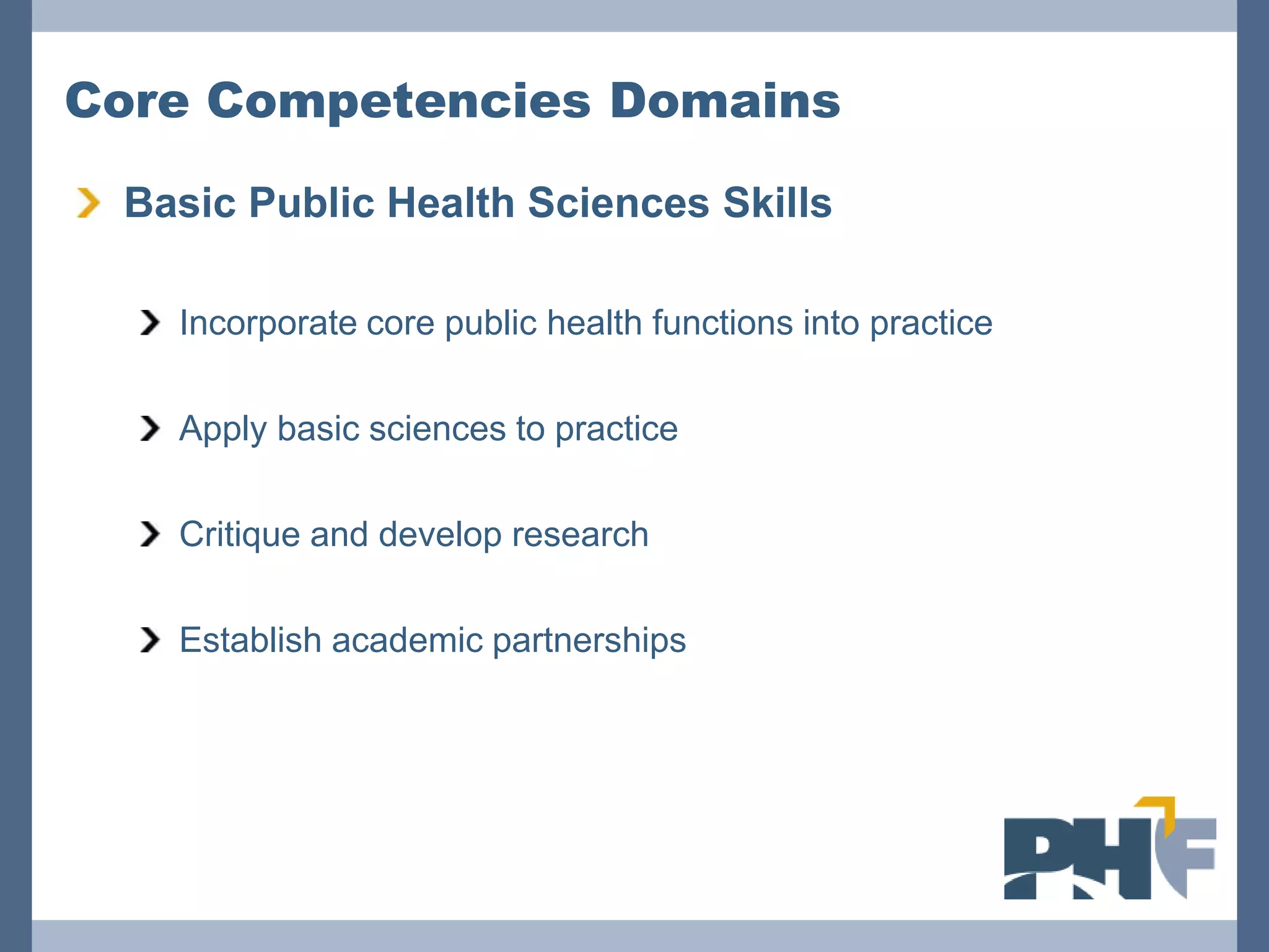Core Competencies Domains

 Basic Public Health Sciences Skills

   Incorporate core public health functions into practice

   Apply basic sciences to practice

   Critique and develop research

   Establish academic partnerships
 
