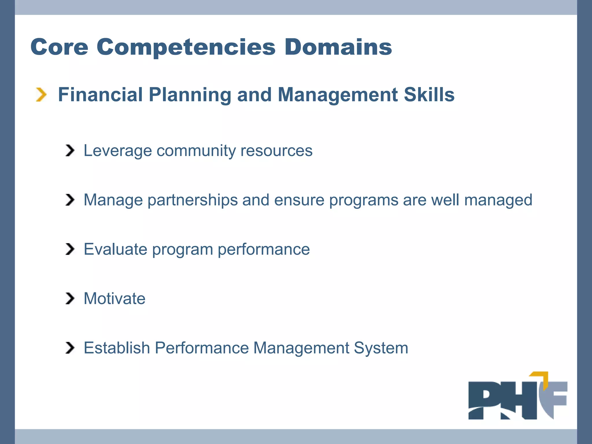 Core Competencies Domains

 Financial Planning and Management Skills

   Leverage community resources

   Manage partnerships and ensure programs are well managed

   Evaluate program performance

   Motivate

   Establish Performance Management System
 