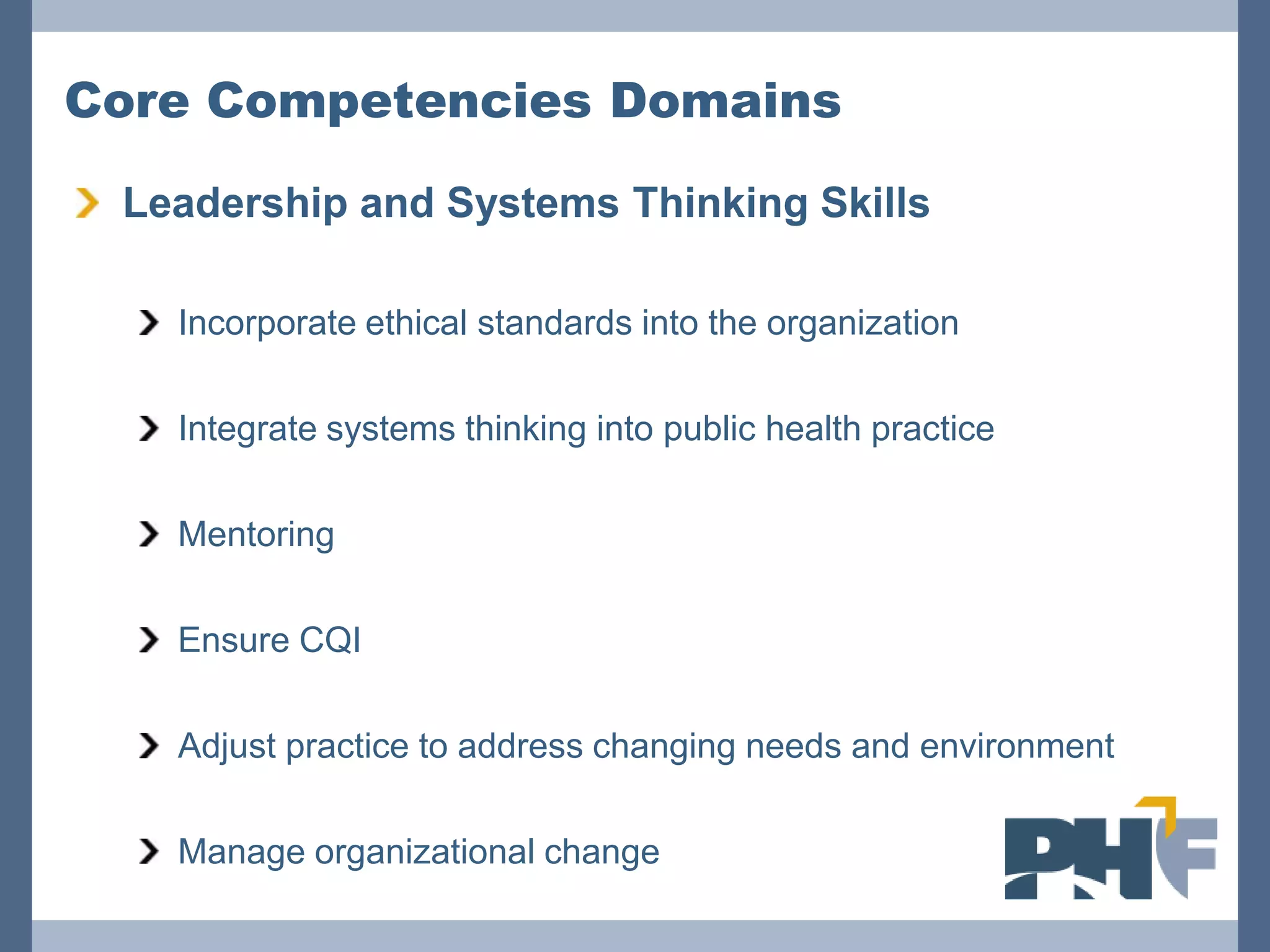 Core Competencies Domains

 Leadership and Systems Thinking Skills

   Incorporate ethical standards into the organization

   Integrate systems thinking into public health practice

   Mentoring

   Ensure CQI

   Adjust practice to address changing needs and environment

   Manage organizational change
 