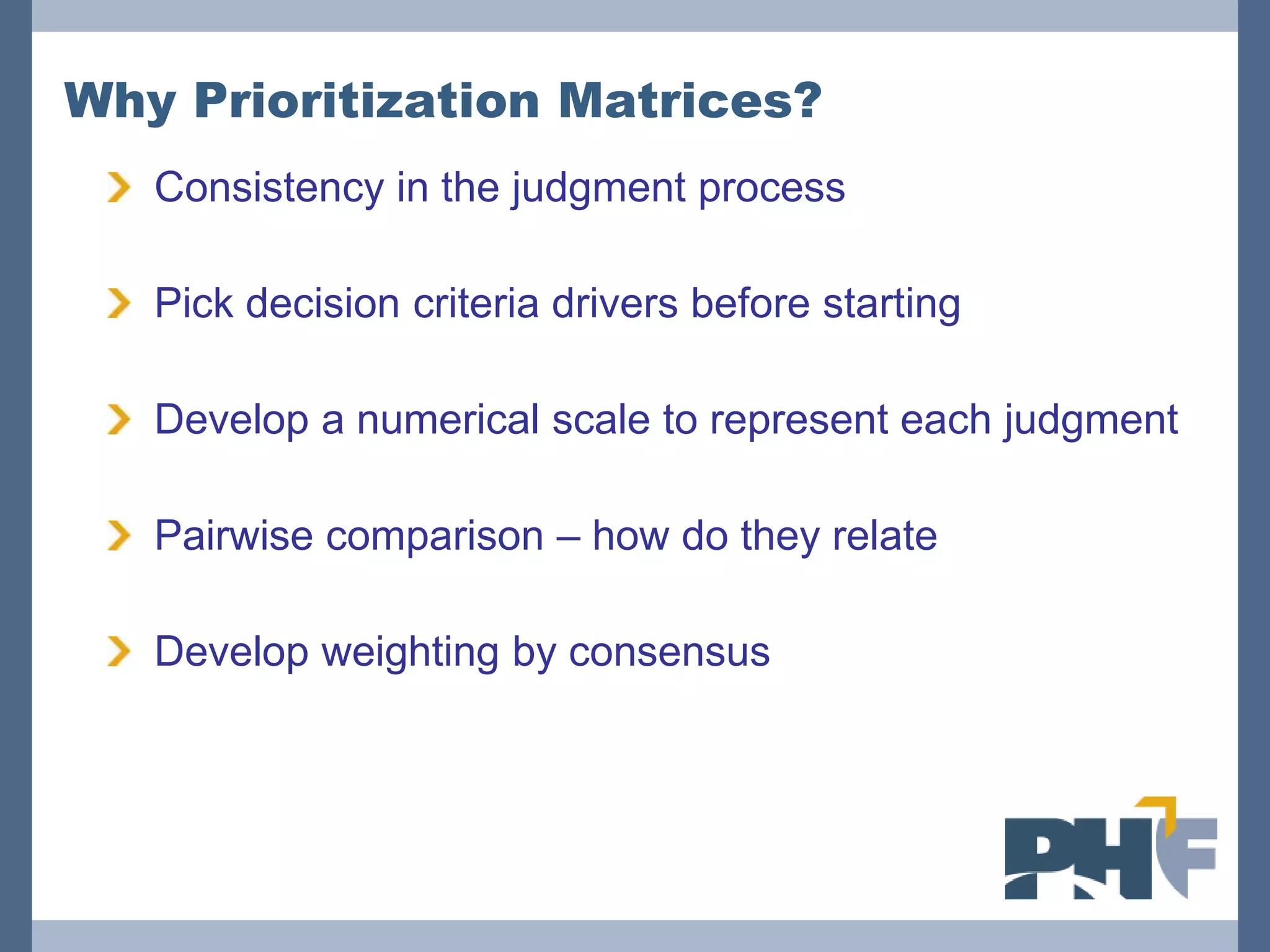Why Prioritization Matrices?
   Consistency in the judgment process

   Pick decision criteria drivers before starting

   Develop a numerical scale to represent each judgment

   Pairwise comparison – how do they relate

   Develop weighting by consensus
 
