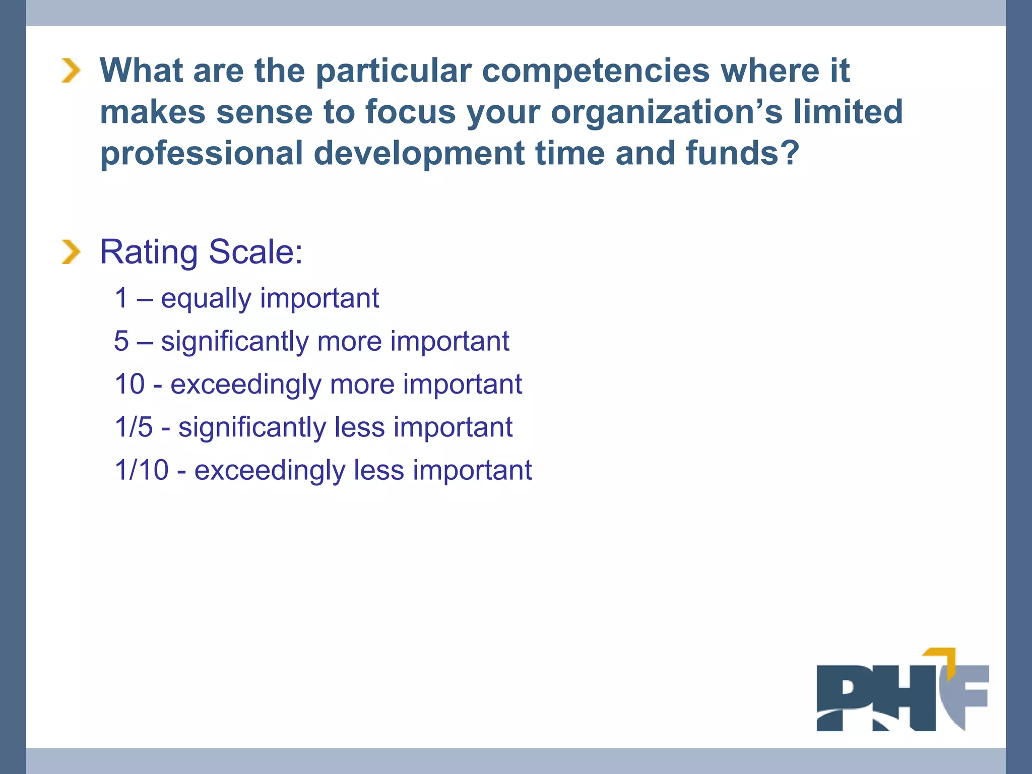 What are the particular competencies where it
makes sense to focus your organization’s limited
professional development time and funds?

Rating Scale:
1 – equally important
5 – significantly more important
10 - exceedingly more important
1/5 - significantly less important
1/10 - exceedingly less important
 