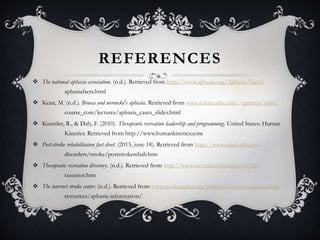 REFERENCES
 The national aphasia association. (n.d.). Retrieved from http://www.aphasia.org/Aphasia Facts/
aphasiafacts.html
 Kean, M. (n.d.). Brocca and wernicke's aphasia. Retrieved from www.rohan.sdsu.edu/~gawron/intro/
course_core/lectures/aphasia_cases_slides.html
 Kunstler, R., & Daly, F. (2010). Therapeutic recreation leadership and programming. United States: Human
Kinetics. Retrieved from http://www.humankinetics.com
 Post-stroke rehabilitation fact sheet. (2013, june 18). Retrieved from http://www.ninds.nih.gov/
disorders/stroke/poststrokerehab.htm
 Therapeutic recreation directory. (n.d.). Retrieved from http://www.recreationtherapy.com/tx/
txsensor.htm
 The internet stroke center. (n.d.). Retrieved from www.strokecenter.org/patients/caregiver-and-patient-
resources/aphasia-information/
 