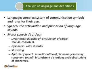 Analysis of language and definitions


• Language: complex system of communication symbols
  and rules for their use.
• Speech: the articulation and phonation of language
  sounds.
• Motor speech disorders:
  – Dysarthrias: disorder of articulation of single
    sounds, consistent.
  – Dysphonia: voice disorder
  – Stuttering
  – Apraxia of speech: misarticulation of phonemes,especially
    consonant sounds. inconsistent distortions and substitutions
    of phonemes.
 