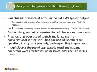 Analysis of language and definitions ,,,,,,Cont.....


• Paraphrasia: presence of errors in the patient’s speech output.
   – Semantic: substitution of an incorrect word from same group (e.g., “fork” for
      “spoon”).
   – Phonemic: involving substitution of an incorrect sound (e.g., “shoon” for “spoon”)
• Syntax: the grammatical construction of phrases and sentences.
• Pragmatic : proper use of speech and language in a
  conversational setting, including pausing while others are
  speaking, taking turns properly, and responding to questions.
• morphology is the use of appropriate word endings and
  connector words for tenses, possessives, and singular versus
  plural
 