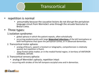 Transcortical

• repetition is normal
         • presumably because the causative lesions do not disrupt the perisylvian
           language circuit from Wernicke’s area through the arcuate fasciculus to
           Broca’s area.
• Three types:
  1.Isolation syndrome:
         • global aphasia in which the patient repeats, often echolalically
         • occurring predominantly with large Watershed infarctions of the left hemisphere or
           both hemispheres that spare the perisylvian cortex, or in advanced dementias.
  2. Transcortical motor aphasia:
         • analog of Broca’s, speech is hesitant or telegraphic, comprehension is relatively
           spared, but repetition is fluent.
         • deep frontal white matter, or in the medial frontal region, in territory of ANTERIOR
           CEREBRAL ARTERY.
  3. Transcortical sensory aphasia:
     • analog of Wernicke’s aphasia, repetition intact
     • occurring with strokes of the left temporo-occipital area and in dementias.
 
