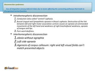 Disconnection syndromes:

   loss of integration among deferent lobes due to lesion affecting the connecting pathways that leads to
disorganized normal function.

        •   Intrahemespheric disconnection
             1. Conduction (also called "central") aphasia.
             2. Buccal Lingual and Sympathetic apraxia in Broca's aphasia. Destruction of the link
                between left and right motor association cortices causes an apraxia of commanded
                movements of the left hand and weakness of right brachiofacial weakness, apraxia
                of tongue and lips.
             3. Pure word deafness.
        •   Interhemespheric disconnection
             1.alexia without agraphia
             2.Left side apraxia
             3.Agenesis of corpus callosum: right and left visual fields can’t
               match presented objects
 
