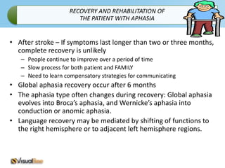 RECOVERY AND REHABILITATION OF
                       THE PATIENT WITH APHASIA


• After stroke – If symptoms last longer than two or three months,
  complete recovery is unlikely
   – People continue to improve over a period of time
   – Slow process for both patient and FAMILY
   – Need to learn compensatory strategies for communicating
• Global aphasia recovery occur after 6 months
• The aphasia type often changes during recovery: Global aphasia
  evolves into Broca’s aphasia, and Wernicke’s aphasia into
  conduction or anomic aphasia.
• Language recovery may be mediated by shifting of functions to
  the right hemisphere or to adjacent left hemisphere regions.
 