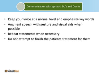 Communication with aphasic Do’s and Don’ts



• Keep your voice at a normal level and emphasize key words
• Augment speech with gesture and visual aids when
  possible
• Repeat statements when necessary
• Do not attempt to finish the patients statement for them
 
