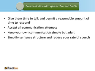 Communication with aphasic Do’s and Don’ts



• Give them time to talk and permit a reasonable amount of
  time to respond
• Accept all communication attempts
• Keep your own communication simple but adult
• Simplify sentence structure and reduce your rate of speech
 