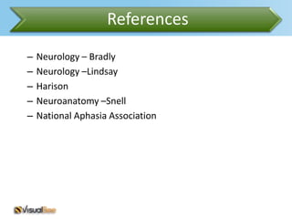 References
–   Neurology – Bradly
–   Neurology –Lindsay
–   Harison
–   Neuroanatomy –Snell
–   National Aphasia Association
 