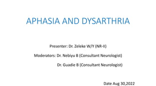 APHASIA AND DYSARTHRIA
Presenter: Dr. Zeleke W/Y (NR-II)
Moderators: Dr. Nebiyu B (Consultant Neurologist)
Dr. Guadie B (Consultant Neurologist)
Date Aug 30,2022
 
