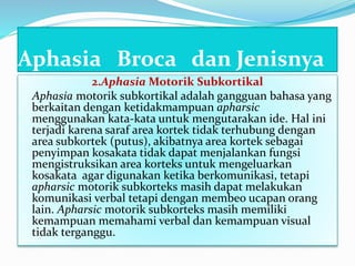 Aphasia Broca dan Jenisnya
2.Aphasia Motorik Subkortikal
Aphasia motorik subkortikal adalah gangguan bahasa yang
berkaitan dengan ketidakmampuan apharsic
menggunakan kata-kata untuk mengutarakan ide. Hal ini
terjadi karena saraf area kortek tidak terhubung dengan
area subkortek (putus), akibatnya area kortek sebagai
penyimpan kosakata tidak dapat menjalankan fungsi
mengistruksikan area korteks untuk mengeluarkan
kosakata agar digunakan ketika berkomunikasi, tetapi
apharsic motorik subkorteks masih dapat melakukan
komunikasi verbal tetapi dengan membeo ucapan orang
lain. Apharsic motorik subkorteks masih memiliki
kemampuan memahami verbal dan kemampuan visual
tidak terganggu.
 